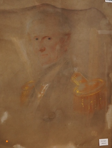Mid 19th century English School, Portrait of an officer in uniform, indistinctly signed and dated 1866, pastel, 69 x 52cm, housed in a bird's eye maple framed